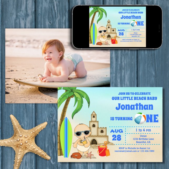 Convite Boy Beach Baby Surfboard primeiro aniversario FOTO (Printed (Front and Back) and Digital Boy Beach Baby Surfboard 1st Birthday PHOTO Invitation)