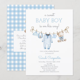 Convite Boy Bear Clothesline Baby Shower invitation