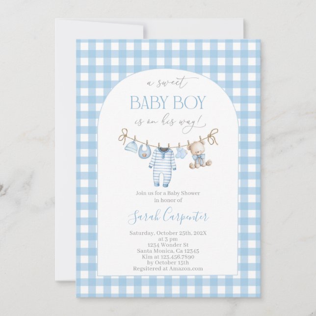 Convite Boy Bear Clothesline Baby Shower invitation (Frente)