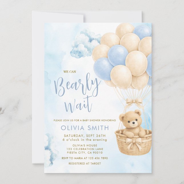 Convite BOY Bear Cloud Balloon Baby Shower Invite (Frente)