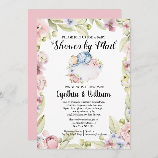 Convite Boy Bear Elegant Floral Greeneration Chá por Mail (Frente/Verso)