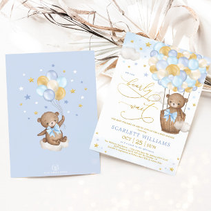 Convite Boy Bear Hot Air Balon Blue Dourado Sky Chá de fra