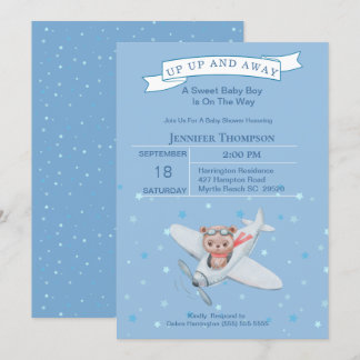 Convite Boy Bear Pilot Airplane Baby Shower Invitation