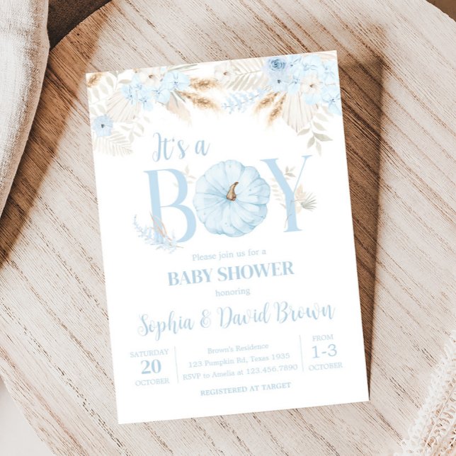 Convite Boy Boho Pumpkin Baby Shower (Blue It's a Boy Boho Pumpkin Baby Shower Invitation)