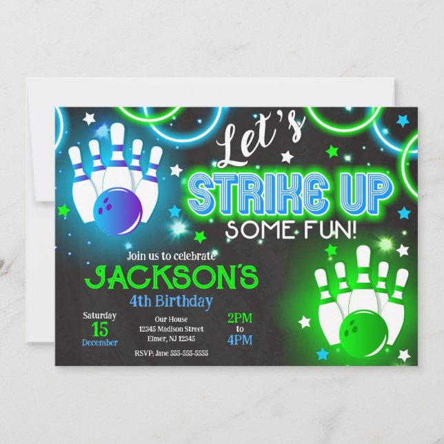 Convite Boy Bowling Invitation Glow Neon Joint Birthday (Frente)