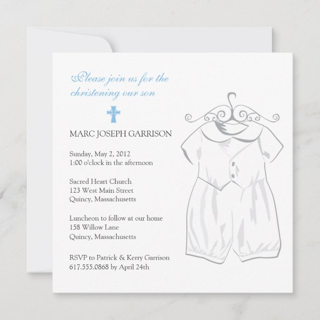 Convite Boy Christening Suit e Blue Cross (Frente)