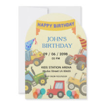 Boy Colorful Cartoon Tractor theme invitation 