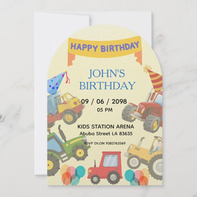 Convite Boy Colorful Cartoon Tractor theme invitation  (Frente)