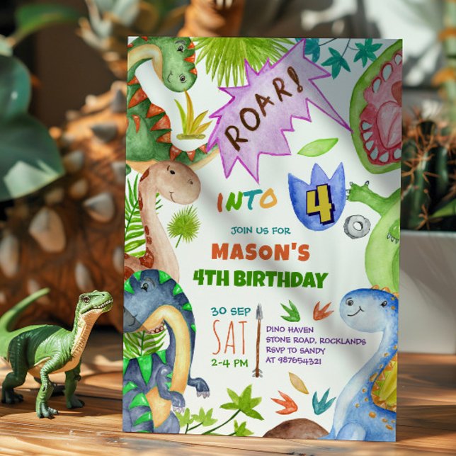Convite Boy Dinosaur 4th Birthday Invitation (Criador carregado)