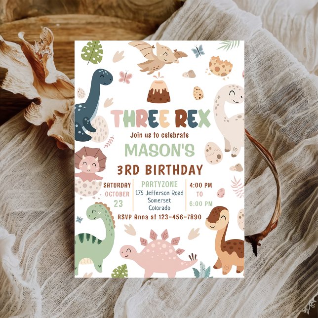 Convite Boy Dinosaur Três aniversário de 3 anos Rex Convit (Criador carregado)