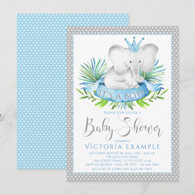 Convite Boy Elephant Prince Baby Shower Invants (Frente/Verso)
