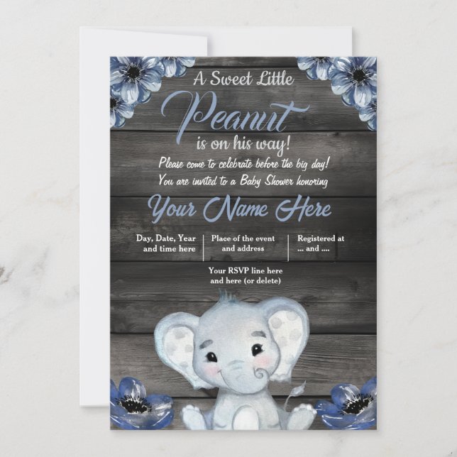 Convite Boy Elephant Rustic Invitation Floral (Frente)