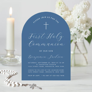 Convite Boy First Communion Classic Blue Arch Cross Script