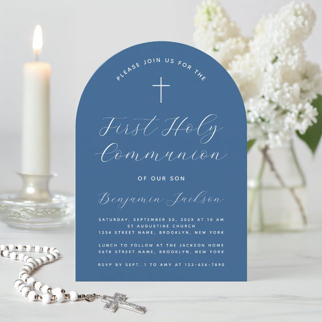 Convite Boy First Communion Classic Blue Arch Cross Script (Criador carregado)