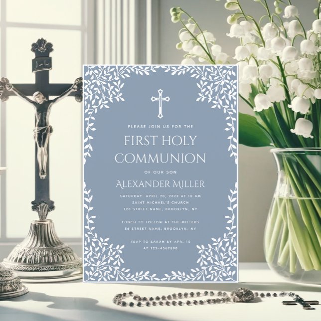 Convite  Boy First Communion Dusty Blue White Leaves Cross (Criador carregado)
