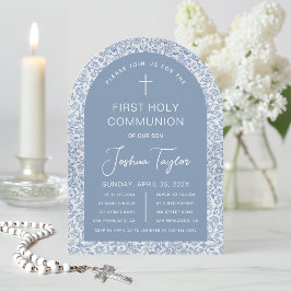 Convite Boy First Holy Communion Blue Arch Floral Pattern
