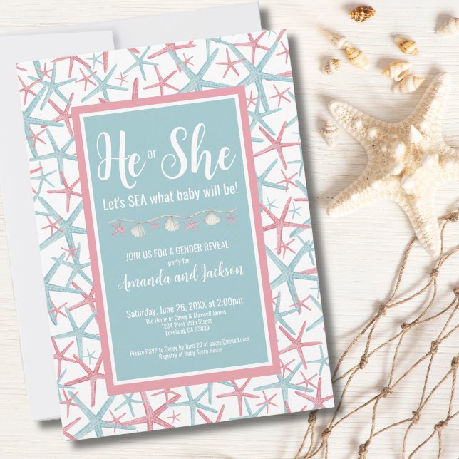 Convite Boy Girl Beach, Ela Verão a festa de revelação de  (Boy Girl Beach He She Summer Gender Reveal Party Invitation)