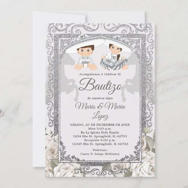 Convite Boy Girl Fiesta Silver Charro Bautizo Mexicano (Frente)