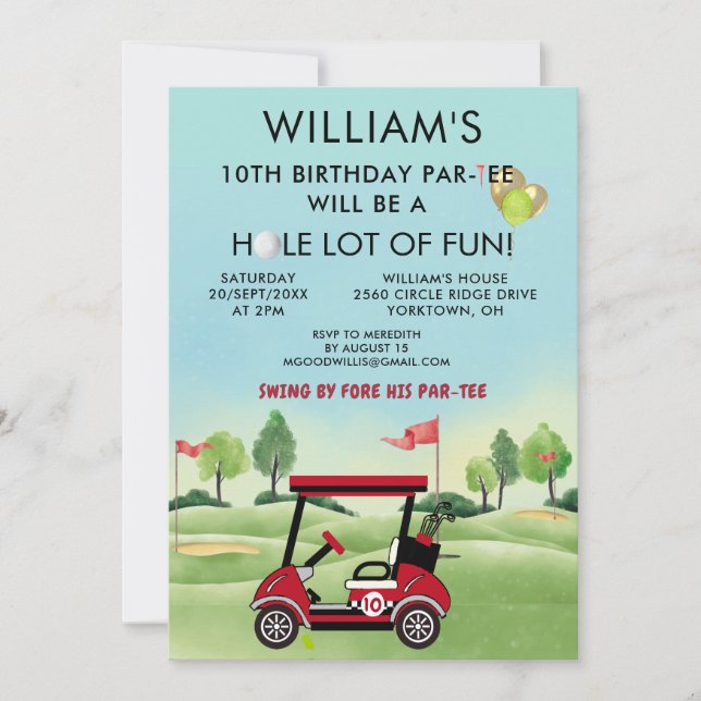 Convite Boy Golf Theme 10th Birthday Par-Tee (Frente)