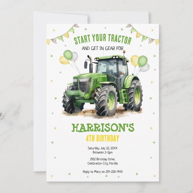 Convite Boy Green Tractor Farm Birthday Party Invitation (Frente)