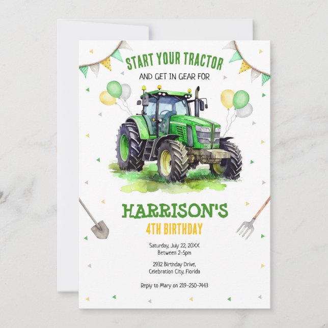 Convite Boy Green Tractor Farm Birthday Party Invitation (Frente)