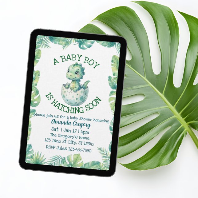 Convite Boy Hatching Soon, Green Dino Baby Shower (Criador carregado)