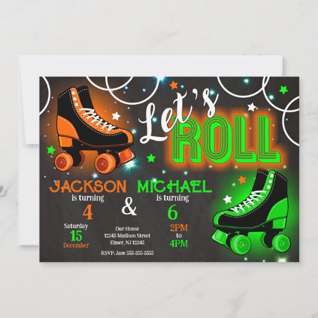 Convite Boy Joint Roller Skating Birthday Party Neon Glow (Frente)