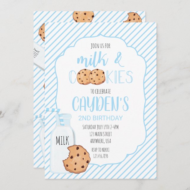 Convite Boy milk e Cookies Blue Birthday (Frente/Verso)