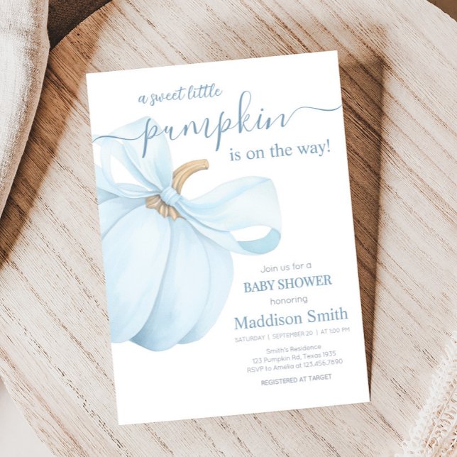 Convite Boy Minimalist Little Pumpkin Baby Shower (Blue Bow Pumpkin Baby Shower Invitation)