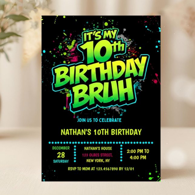 Convite Boy Neon 10th Birthday Invitation Graffiti Style (neon 10th birthday invitation, double digits birthday invitation, editable double digits invitation,)