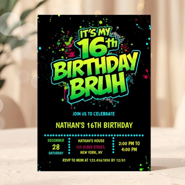 Convite Boy Neon 16th Birthday Invitation Graffiti Style (neon 16th birthday invitation, sixteen birthday invitation, editable 16th birthday invitation, neon )