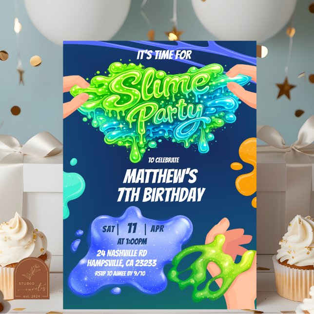 Convite  Boy Neon Blue Green Slime Birthday Invitation (Criador carregado)
