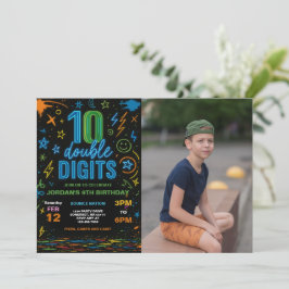 Convite Boy Neon Double Digits 10th Foto de Festa de anive