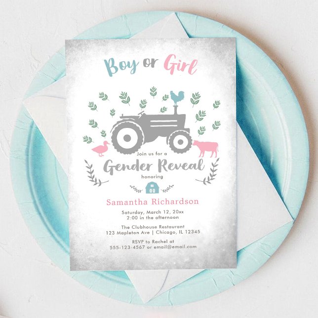 Convite Boy or Girl Farm Tractor Gender Reveal Invitation (Criador carregado)