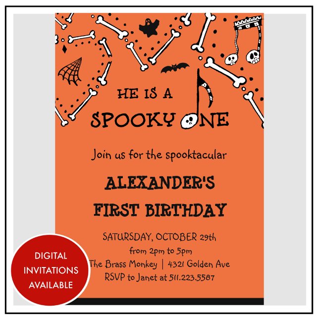 Convite Boy Orange Skull Spooky um primeiro aniversario do (Halloween-1st-birthday-Invitation-Boy-Orange-Skull-Spooky-one-1)
