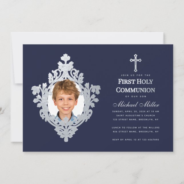 Convite Boy Photo First Communion Marinho Blue Faux Silver (Frente)