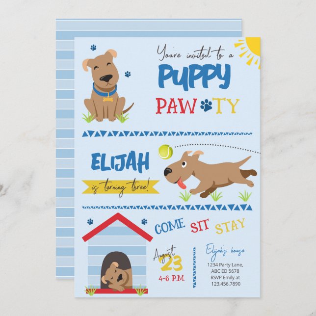 Convite Boy Puppy Birthday Pawty (Frente/Verso)