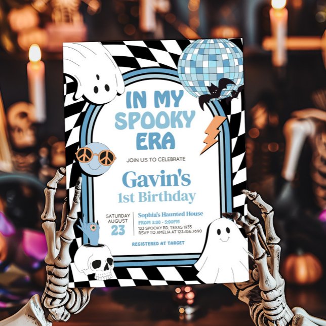 Convite Boy Retro Ghost Halloween Aniversário (Blue Retro Ghost Halloween In My Spooky Era Birthday Invitation)