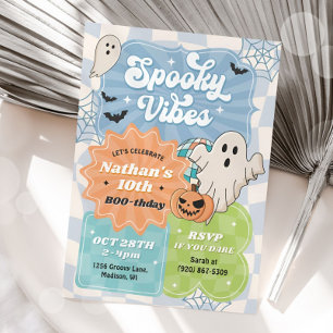 Convite Boy Retro Halloween Spooky Vibes Blue Birthday