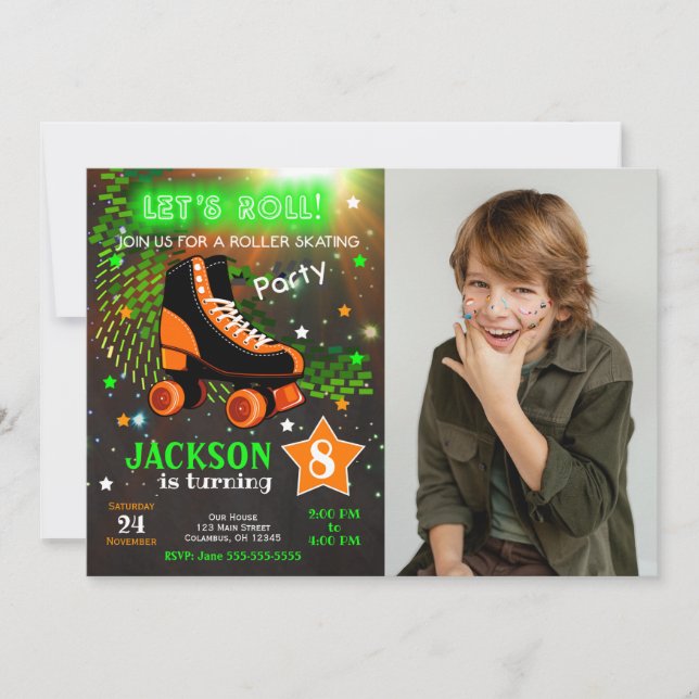 Convite Boy Roller Skating Birthday Invitation Neon (Frente)