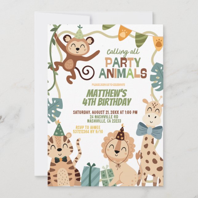 Convite Boy Safari Birthday party animals invitation (Frente)