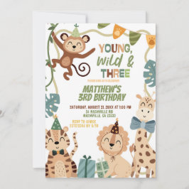 Convite Boy Safari Young Wild and Three Birthday party ani