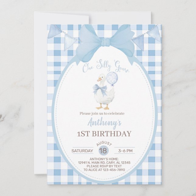 Convite Boy Silly Goose 1st first birthday invite, goose. (Frente)