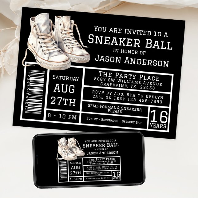 Convite Boy Sneaker Ball Festa de aniversário (Sneaker ball invitation with hightop sneakers shoe box label style. For instant download and print.)