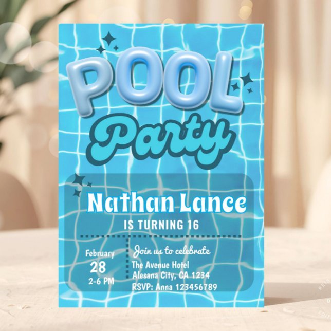 Convite Boy Summer Blue Pool Birthday Party (pool party invitation, summer birthday invite, teen birthday invitation, sweet 16 pool party, blue w)