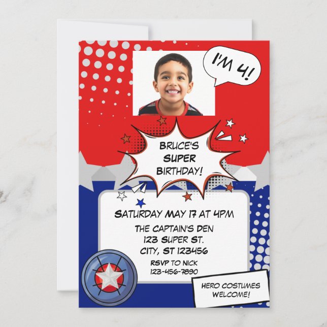 Convite Boy Superhero, red, white, silver & blue birthday (Frente)