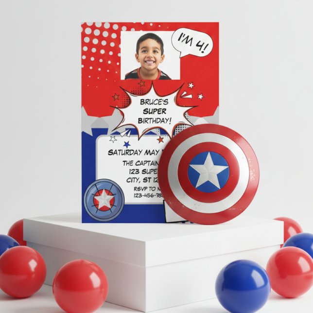 Convite Boy Superhero, red, white, silver & blue birthday (Criador carregado)