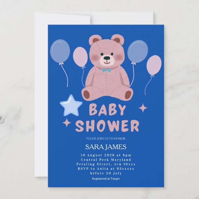 Convite Boy Sweet Teddy Bear Blue Balloon Baby Shower (Frente)