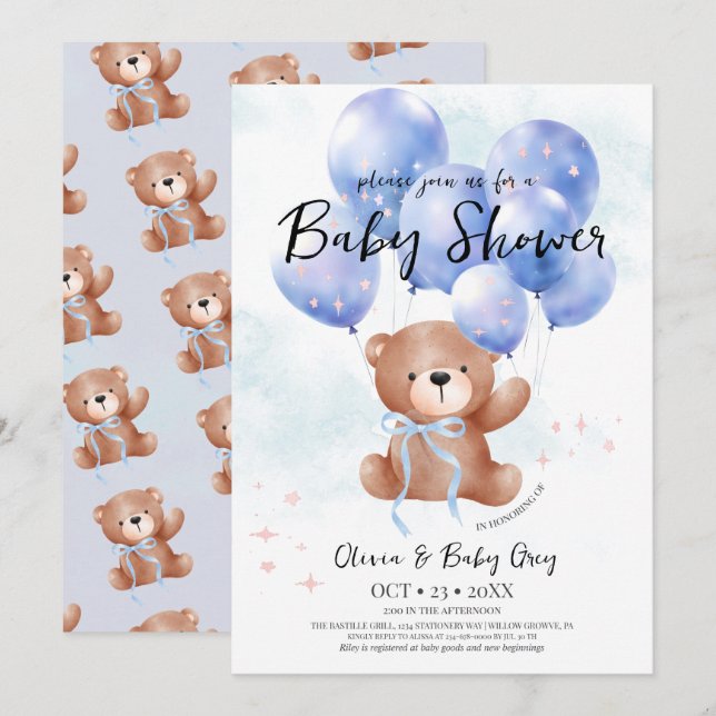 Convite Boy Teddy Bear Baby Shower  (Frente/Verso)