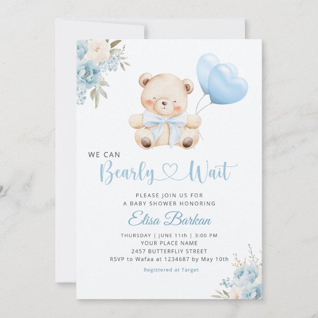 Convite Boy Teddy Bear We Can Bearly Wait blue Baby Shower (Frente)